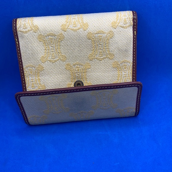 Auth CELINE Macadam Yellow Dark Brown Denim Leather Double-hook Wallet - Picture 2 of 15